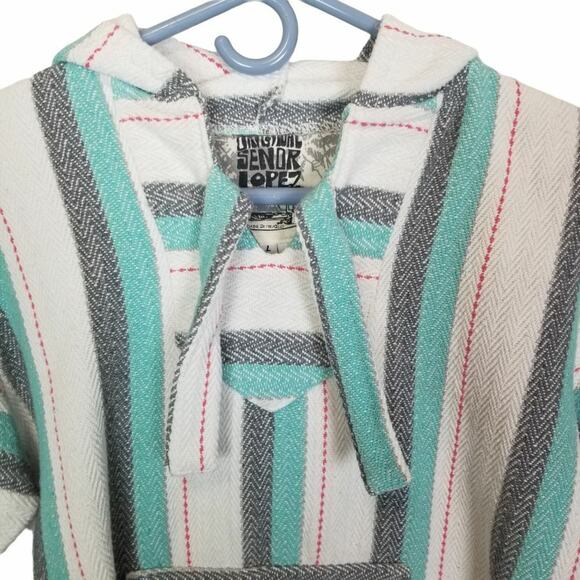 Original Senior Lopez Mexican Baja Hoodie Size L Drug Rug Hippie Poncho Striped - Picture 2 of 8